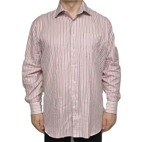 Peter Millar Pick Stitch Striped Sateen Cotton Sport Shirt Pink/Multi M $168 - Picture 1 of 2